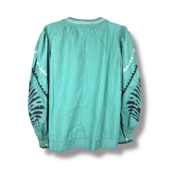 SONMER NWT SZ XL Black Embroidered Green Puff Sleeve 1/4 hook Top Boho Festival - Picture 7 of 15